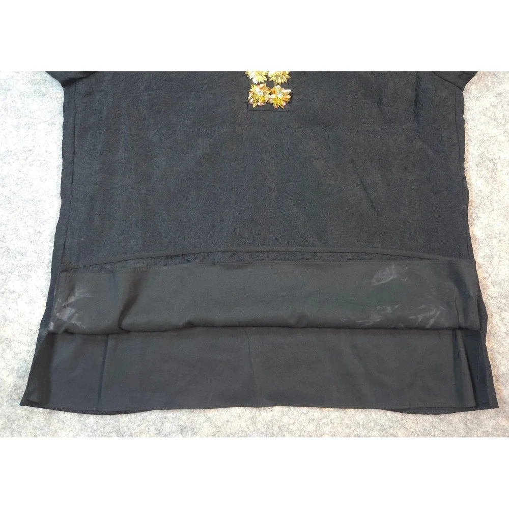Tory Burch Black Silk Jacquard Embellished Tunic Top Size 12 Floral Blouse Shirt